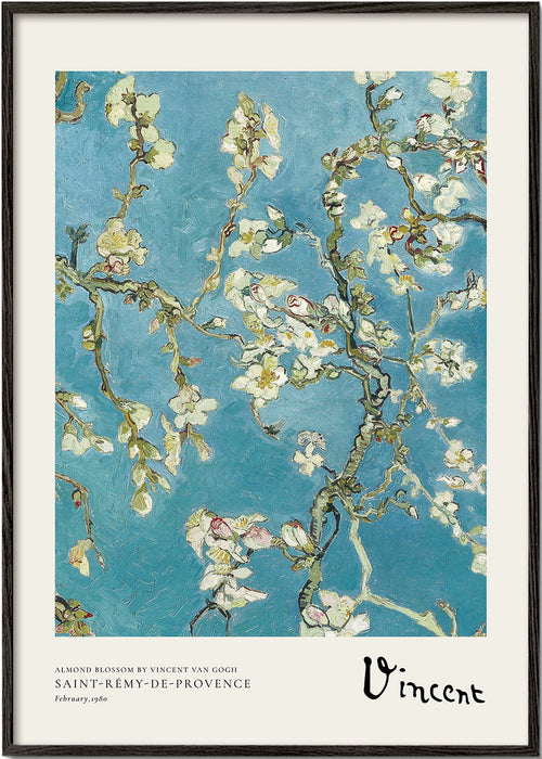 Botanische print amandeltakken op blauwe achtergrond