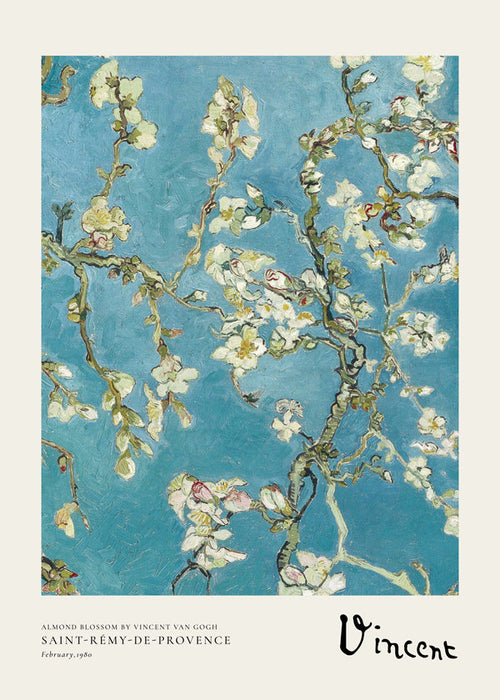 Botanische print amandeltakken op blauwe achtergrond