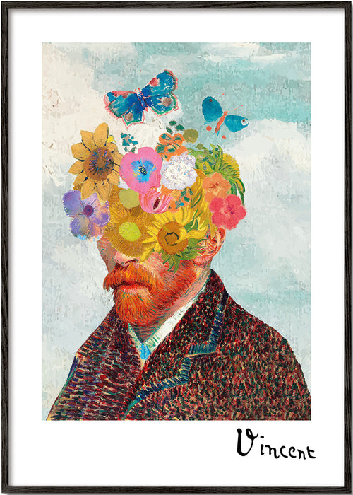 Botanische print bloemportret met vlinders