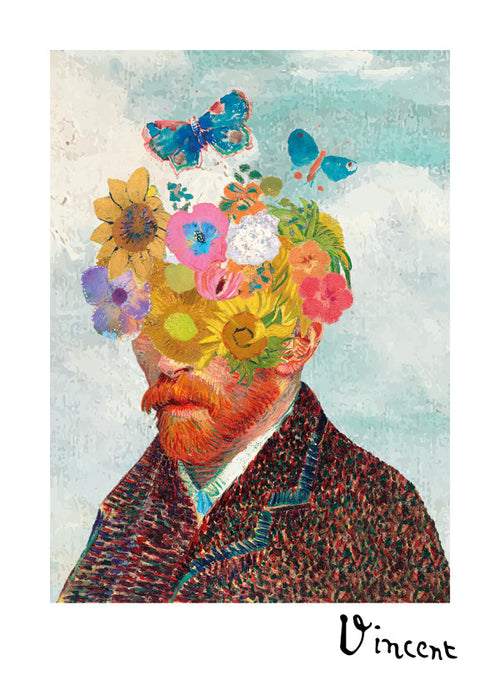 Botanische print bloemportret met vlinders