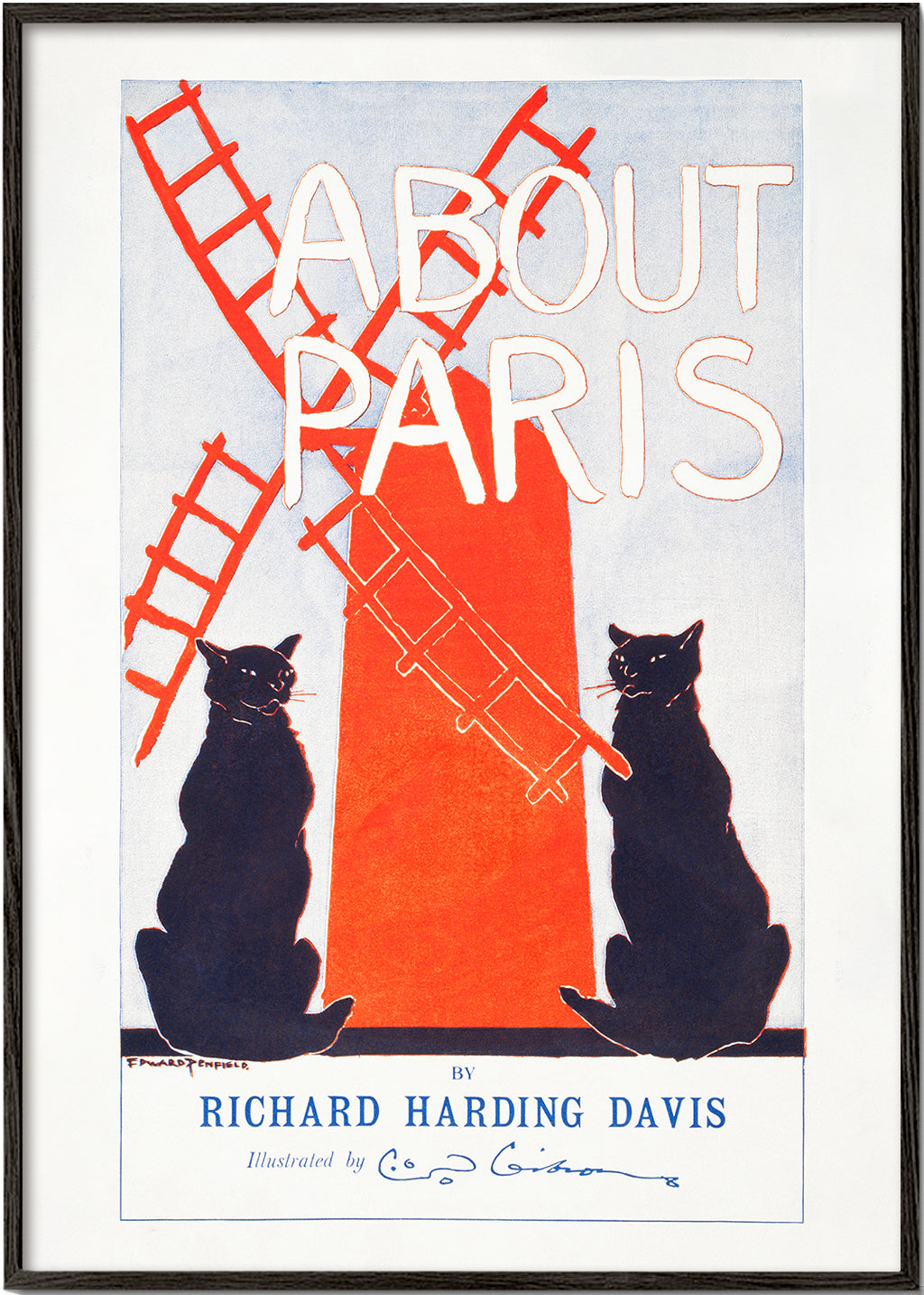 Vintage print About Paris met katten en molen
