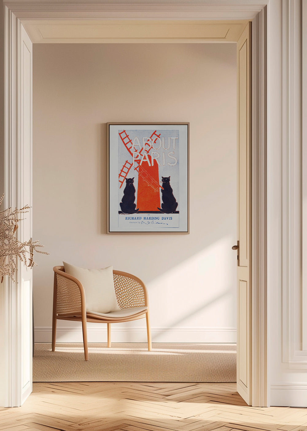 Vintage print About Paris met katten en molen