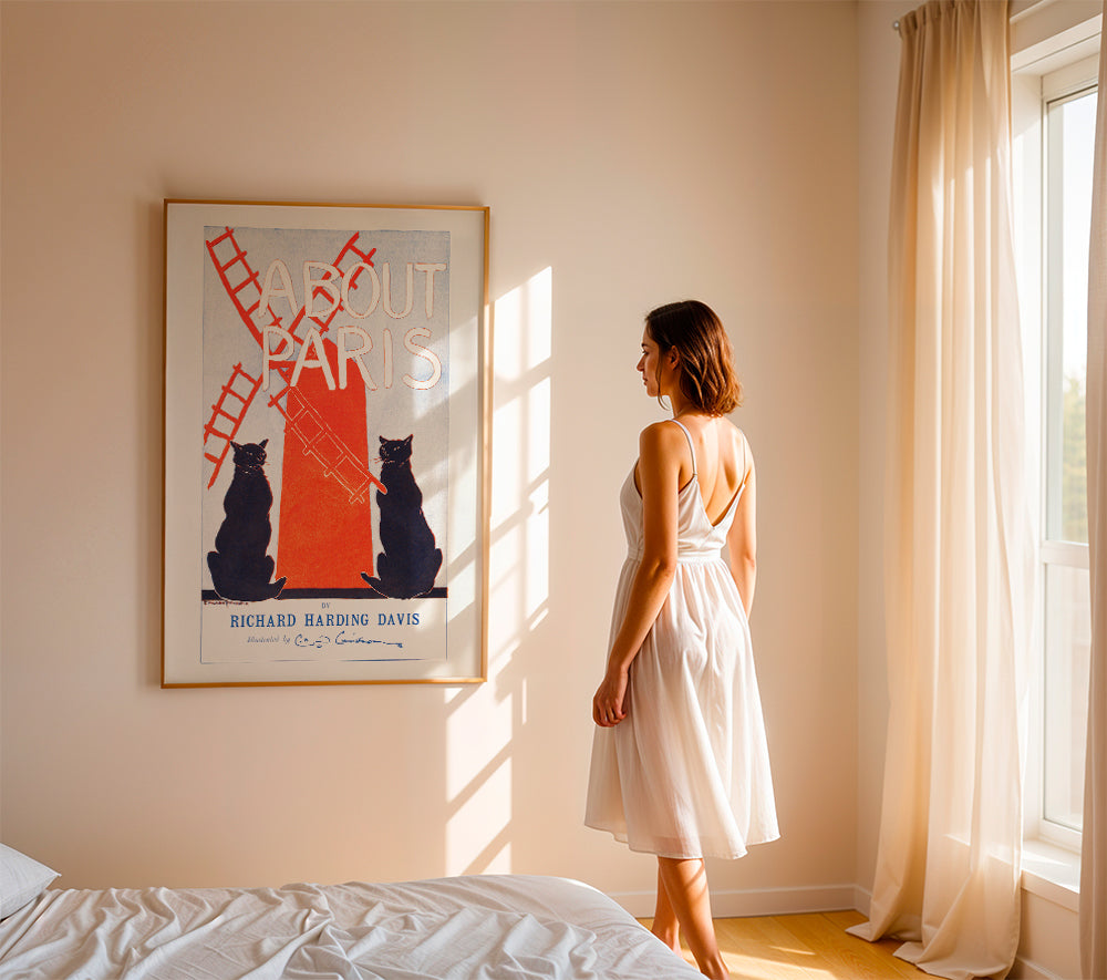 Vintage print About Paris met katten en molen