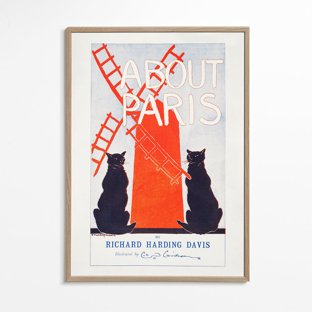 Vintage print About Paris met katten en molen