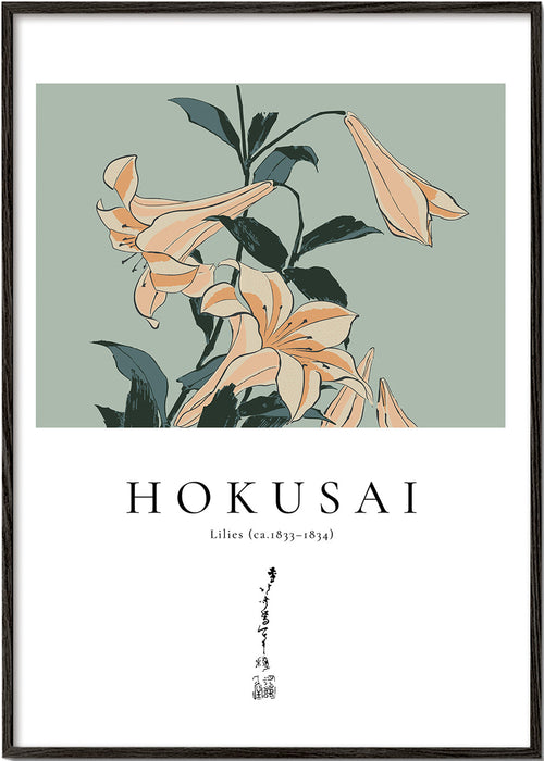 Botanische poster Hokusai — lelies op groen vlak