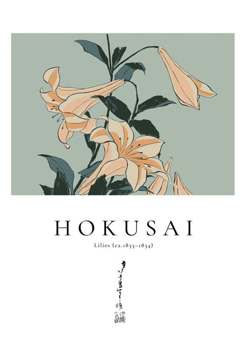 Botanische poster Hokusai — lelies op groen vlak