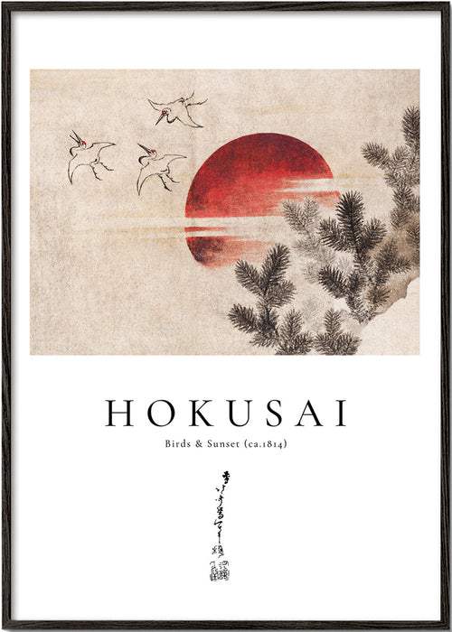Artwork Hokusai: vogels en zonsondergang met rode zon
