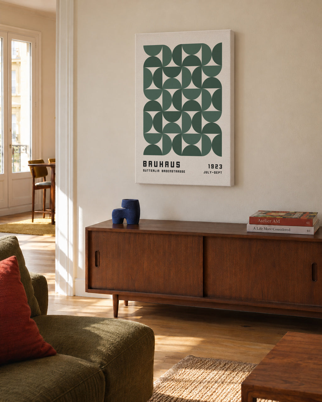 Bauhaus Green Exhibition Poster - Unframed canvas in an interior