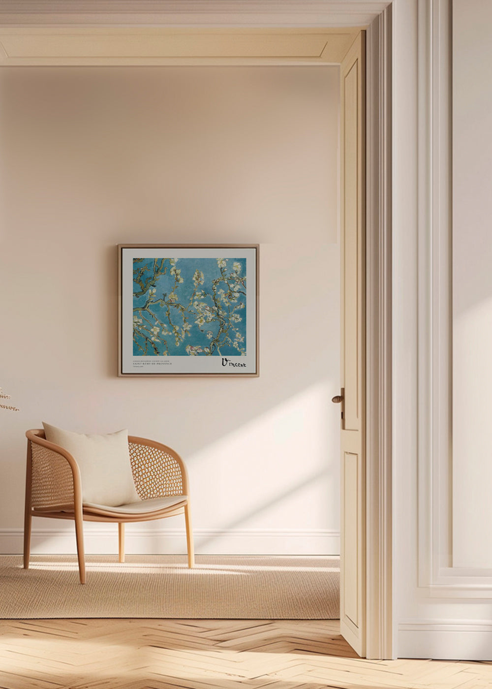 Botanische poster: amandelbloesem op blauw