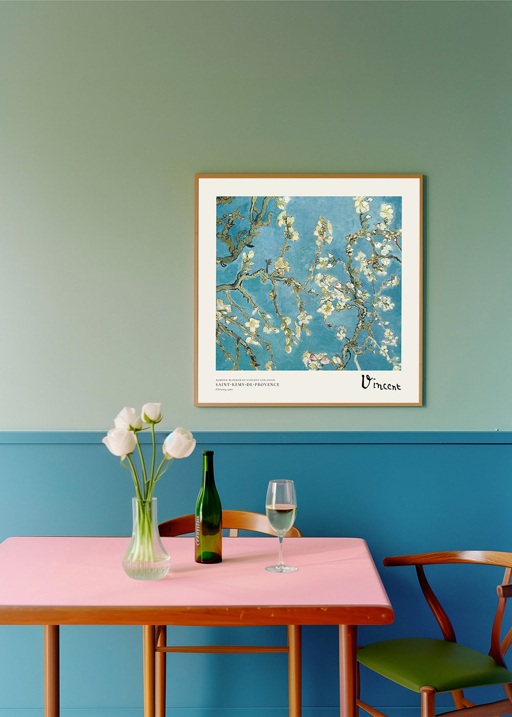 Botanische poster: amandelbloesem op blauw