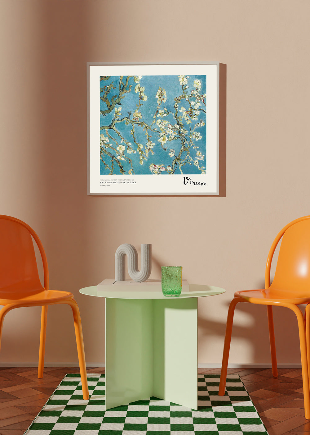 Botanische poster: amandelbloesem op blauw