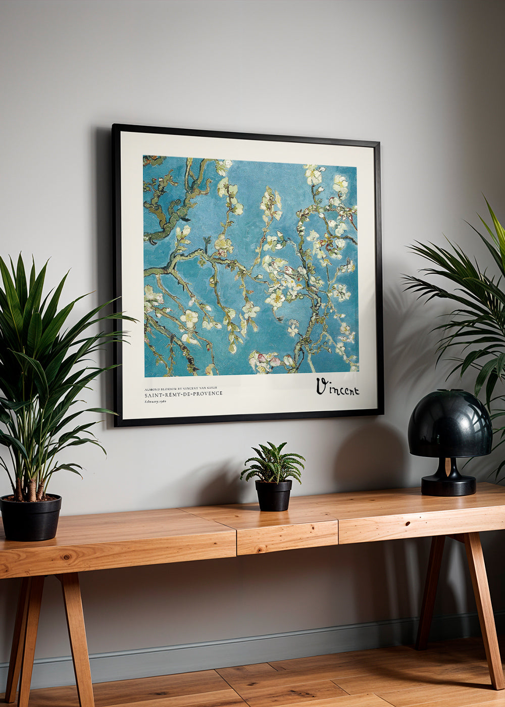 Botanische poster: amandelbloesem op blauw
