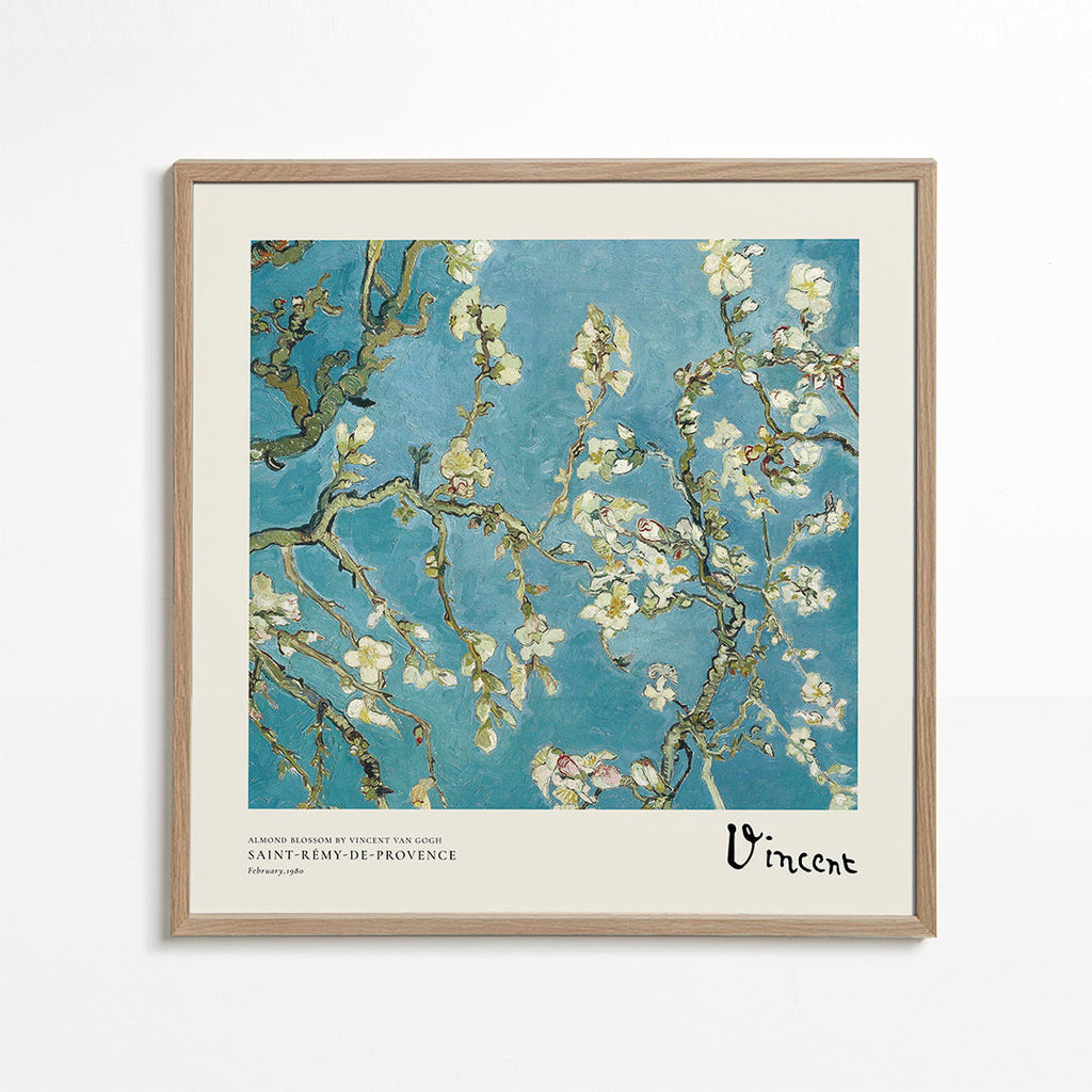 Botanische poster: amandelbloesem op blauw
