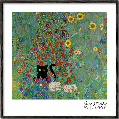 Kat in bloemrijke tuin print