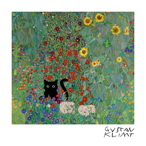Kat in bloemrijke tuin print