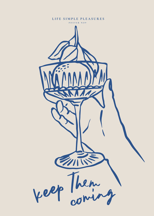 Keuken kunst: cocktailglas in blauwe lijnillustratie