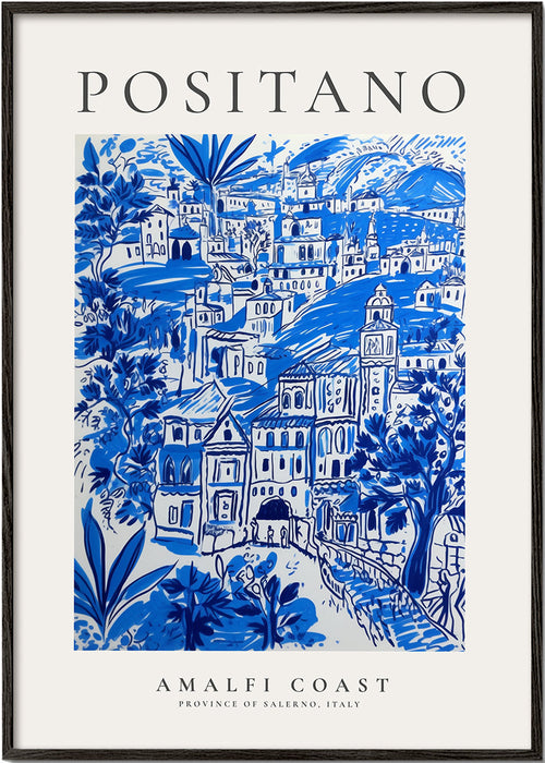 Reisposter Positano blauwe illustratie