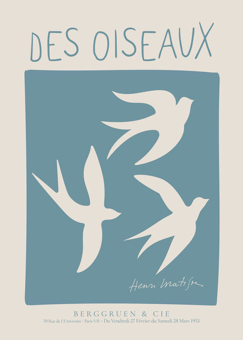 Kunstwerk Matisse-vogels in blauw