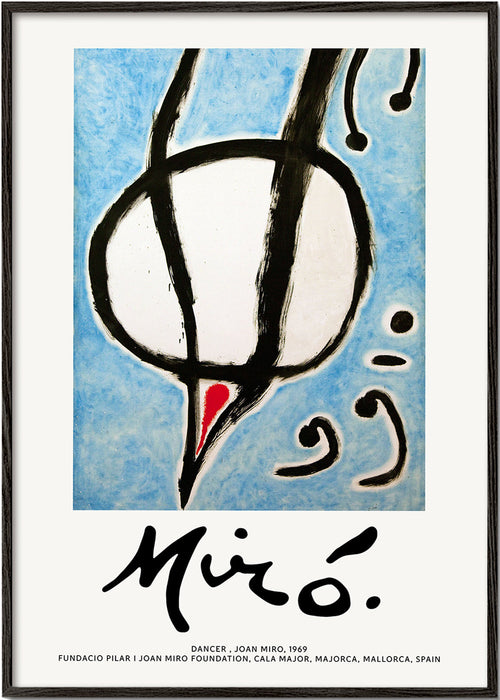 Abstract kunstwerk Miró, zwarte streek op blauw