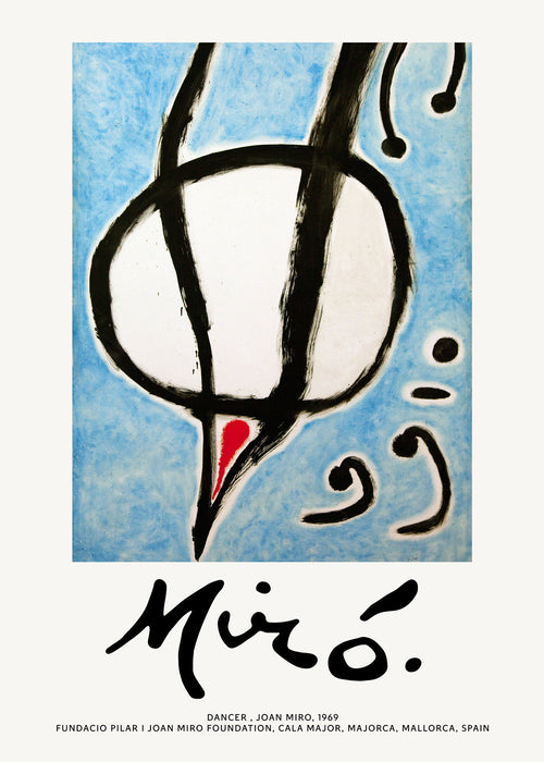 Abstract kunstwerk Miró, zwarte streek op blauw