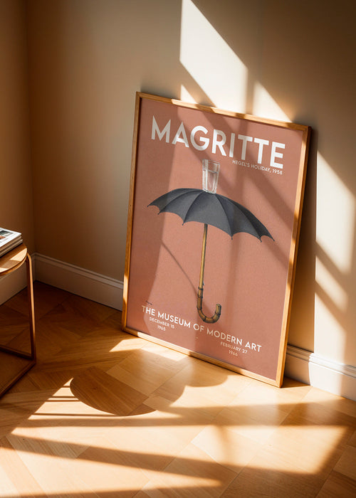Vintage poster met paraplu en glas op terracotta achtergrond
