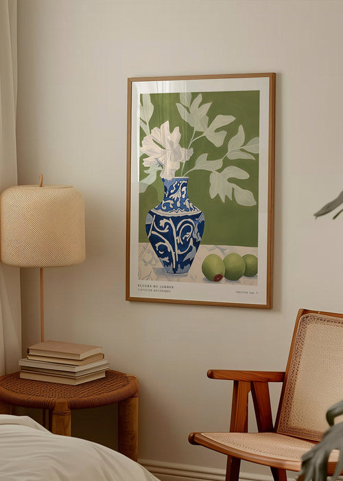 Botanische poster met blauwe vaas en groene takken