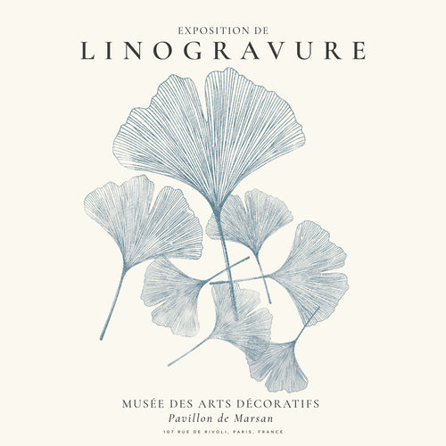 Botanische print Ginkgo linodruk in blauw