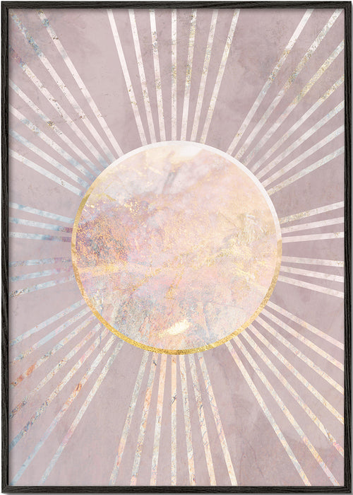 Abstracte kunst met roze zon centraal