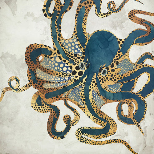 Artwork octopus blauw met gouden vlekken