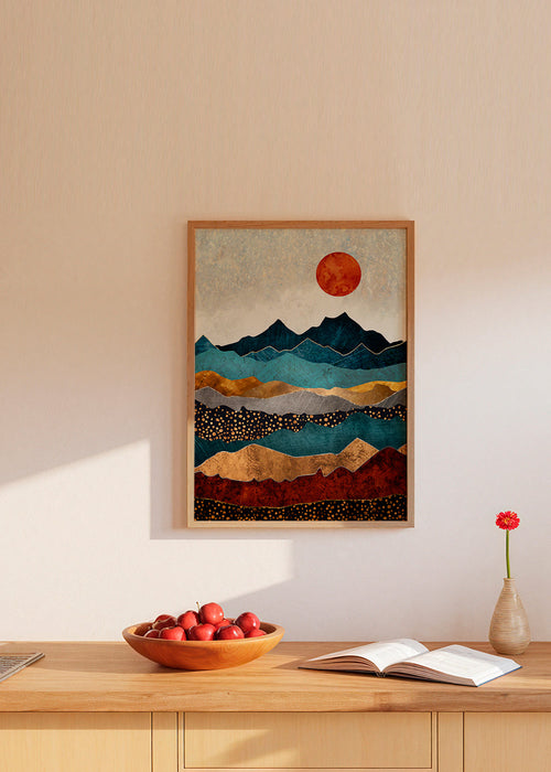 Landschap kunst: gelaagde blauwe bergen met gouden accenten