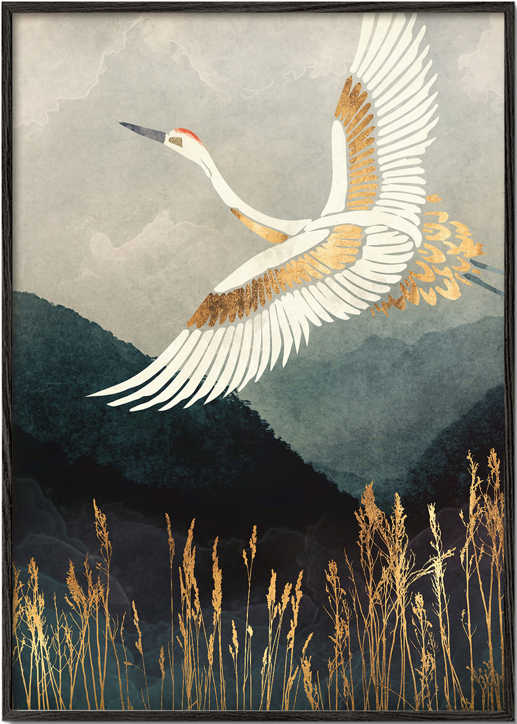 Gouden kraanvogel in vlucht