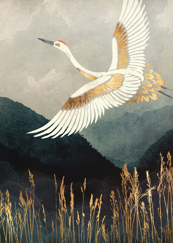 Gouden kraanvogel in vlucht