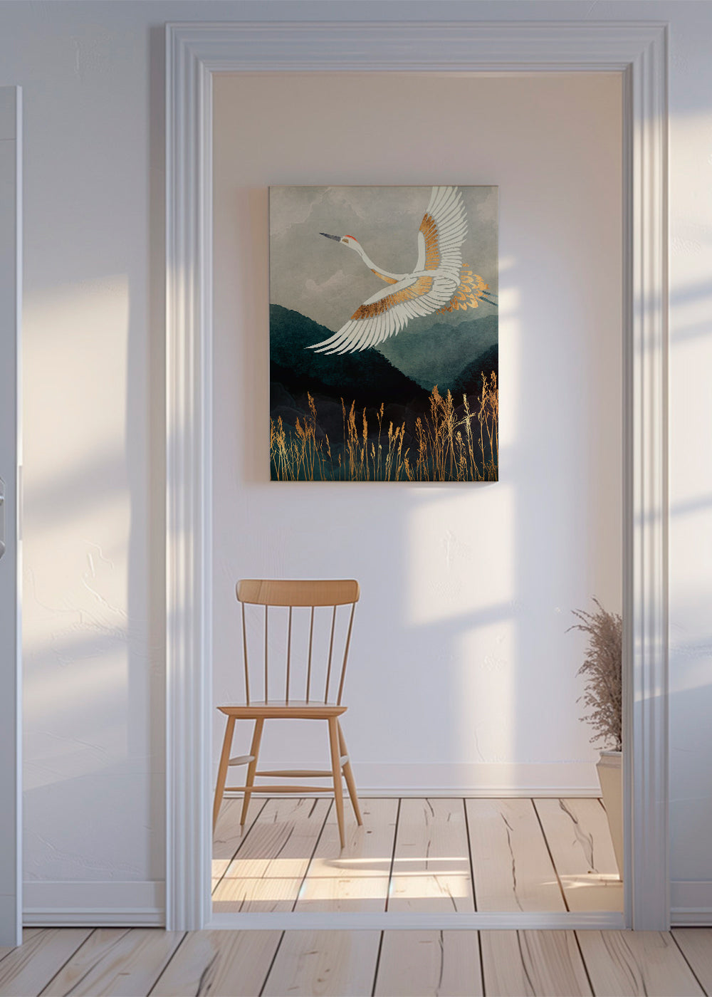Gouden kraanvogel in vlucht