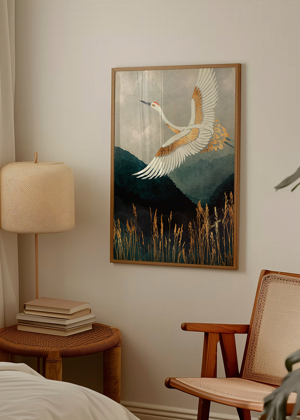 Gouden kraanvogel in vlucht