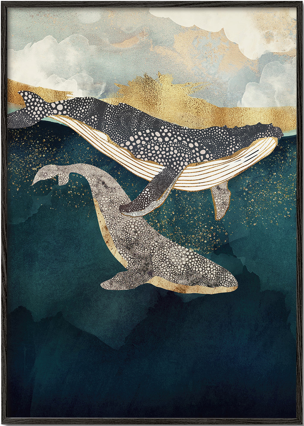 Artwork walvissen in goud op diepblauwe zee