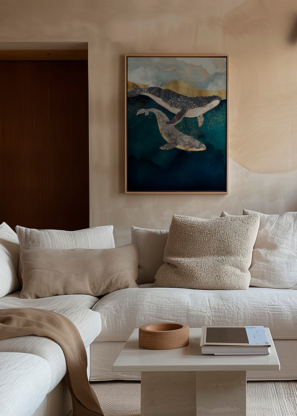 Artwork walvissen in goud op diepblauwe zee