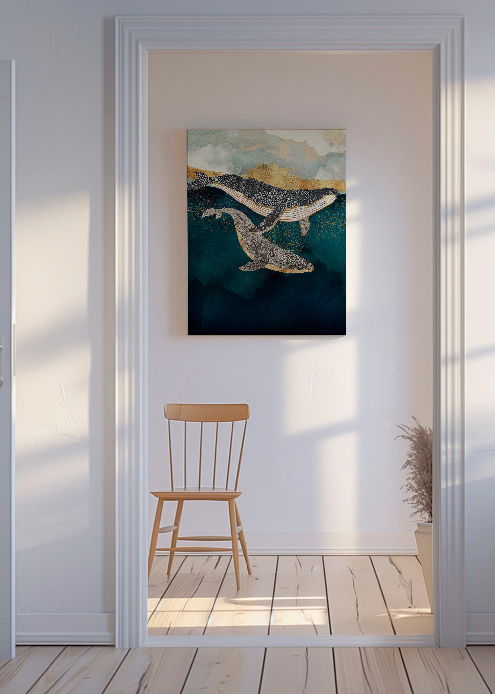 Artwork walvissen in goud op diepblauwe zee
