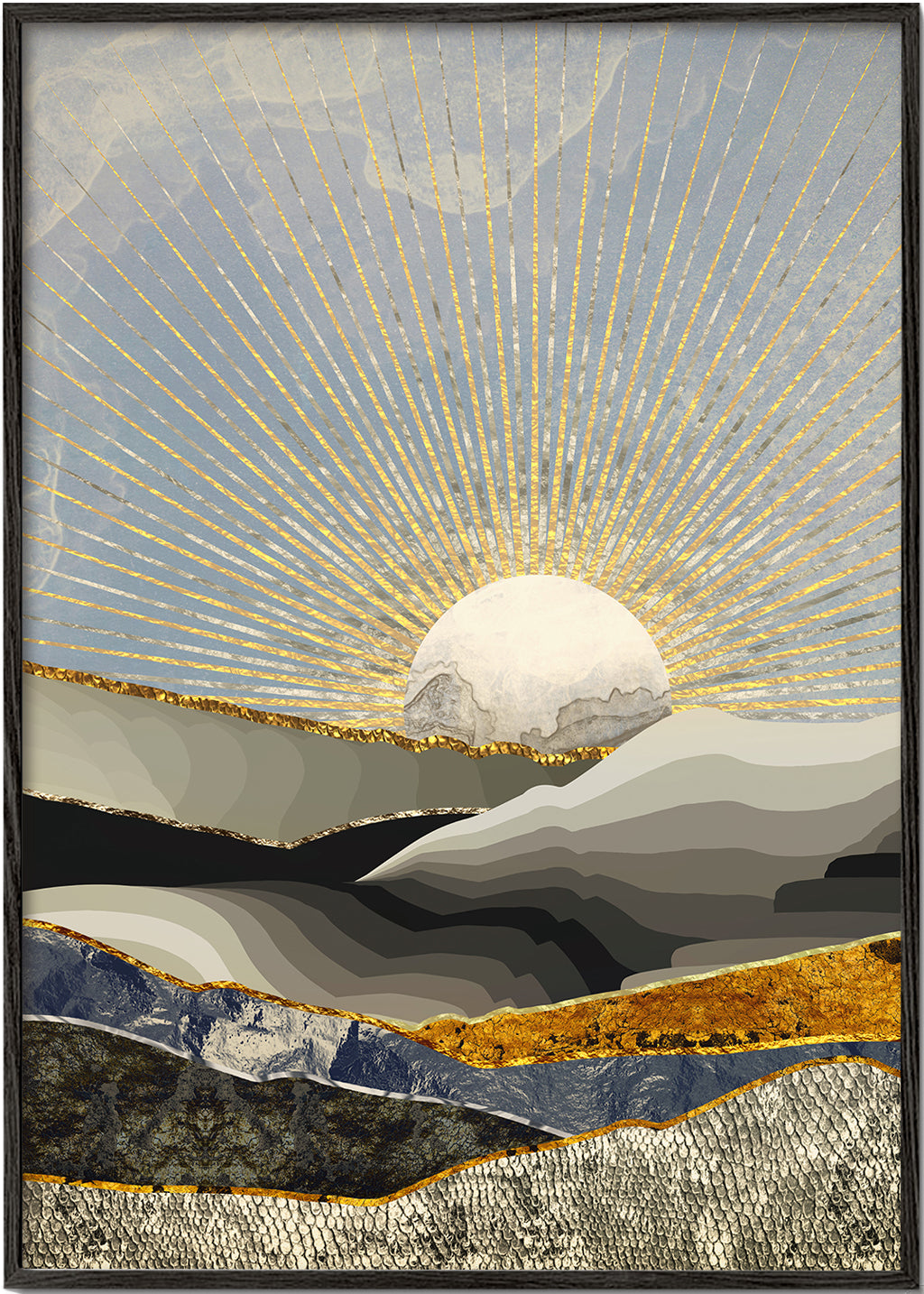 Landschap kunst met gouden zon en gelaagde texturen
