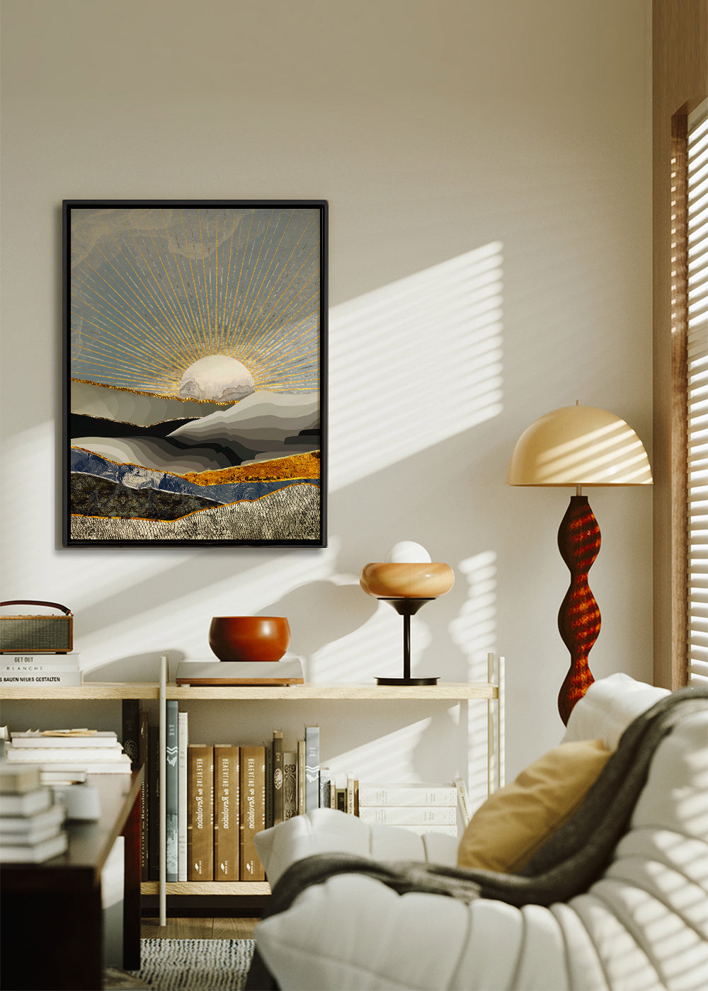 Landschap kunst met gouden zon en gelaagde texturen
