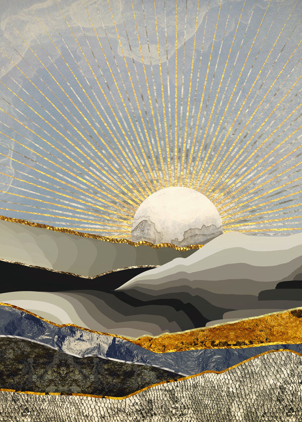 Landschap kunst met gouden zon en gelaagde texturen