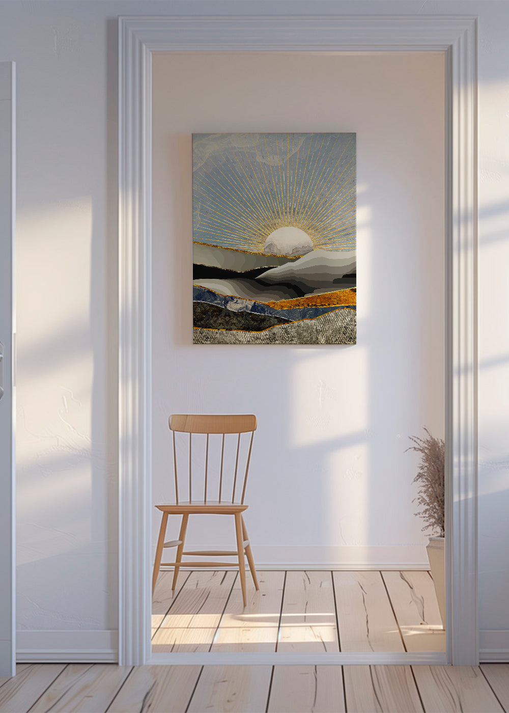 Landschap kunst met gouden zon en gelaagde texturen