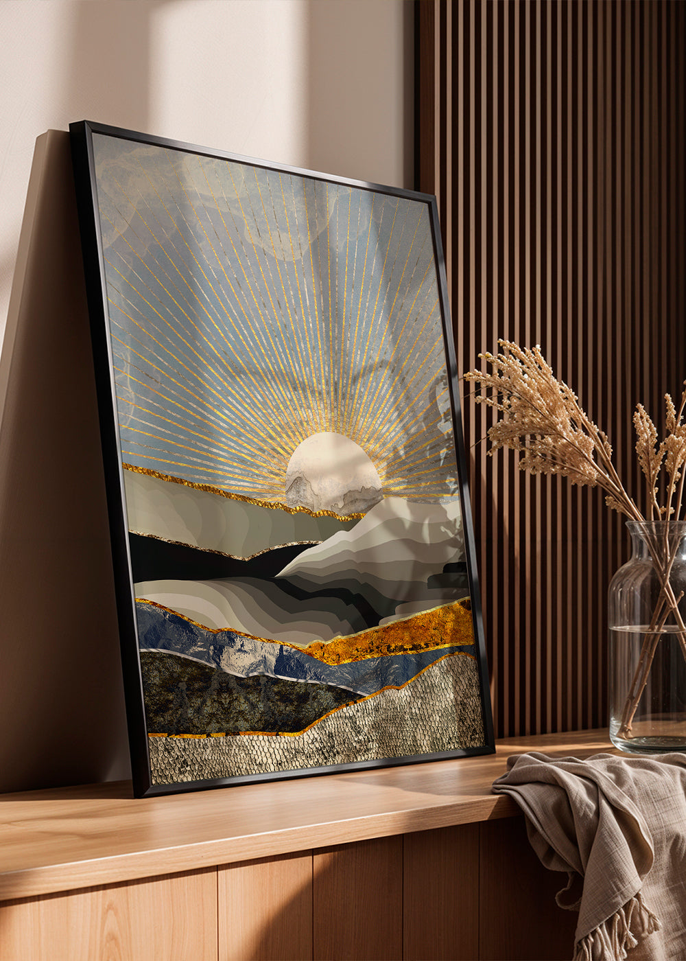 Landschap kunst met gouden zon en gelaagde texturen
