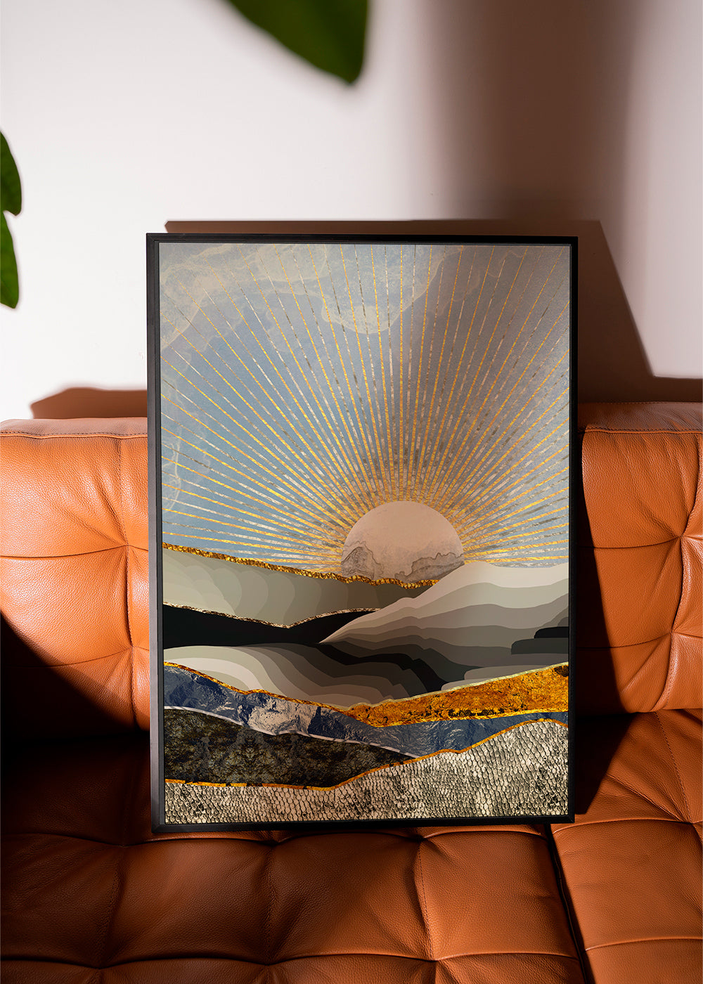 Landschap kunst met gouden zon en gelaagde texturen