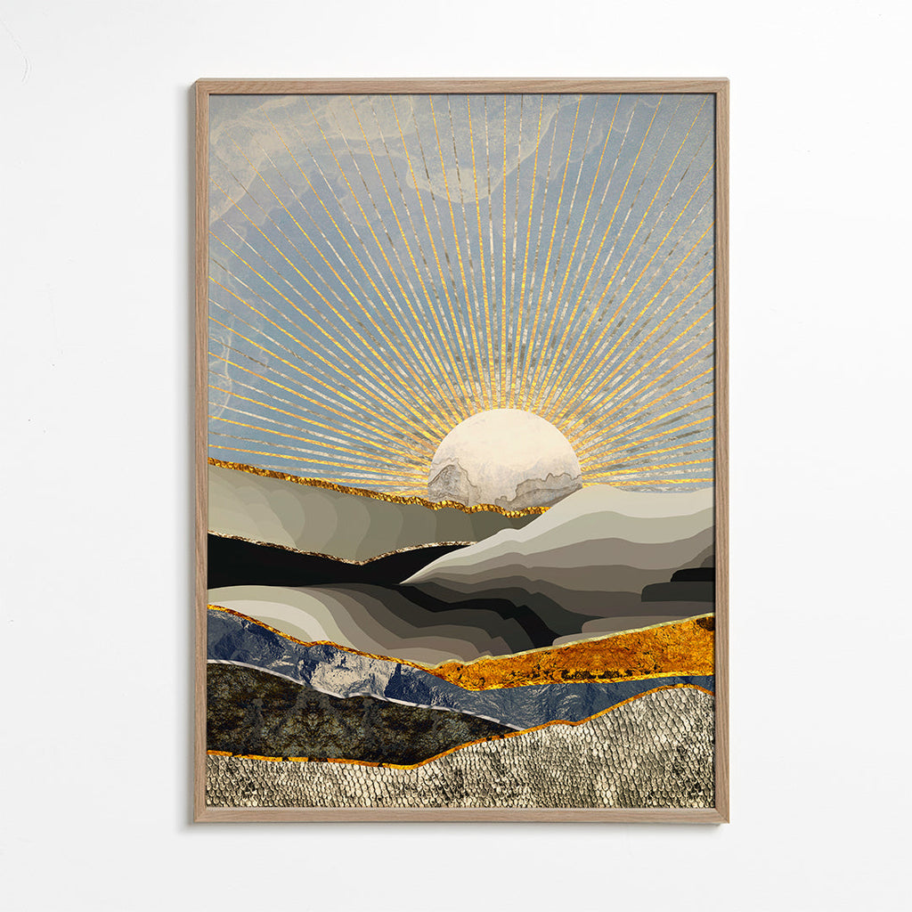 Landschap kunst met gouden zon en gelaagde texturen