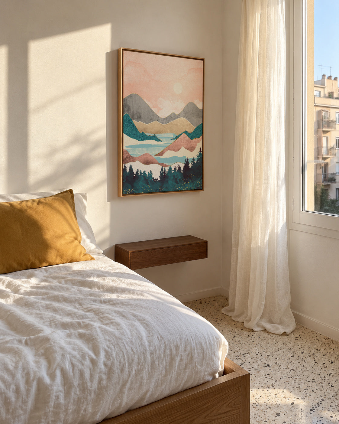Lake Sunrise - Framed canvas in an interior
