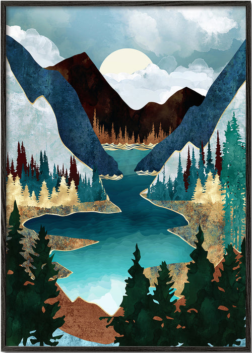 Landschapsposter: meer tussen bergen illustratie