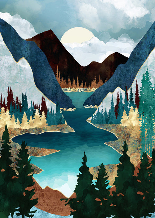 Landschapsposter: meer tussen bergen illustratie