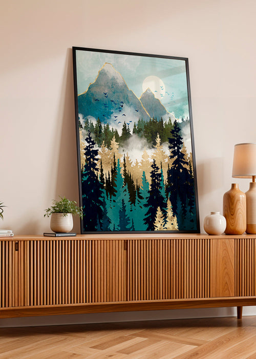Landschap kunst: bos met vergulde bergen