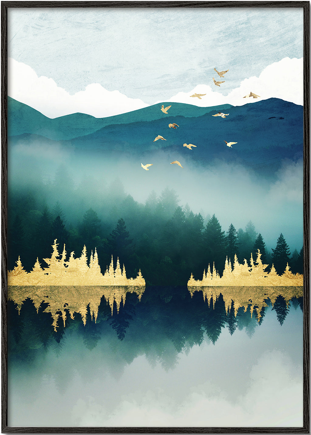 Landschapsschilderij met reflectie en gouden accenten