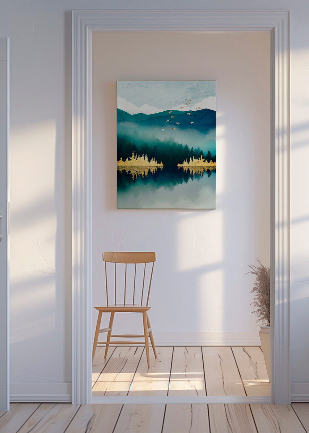 Landschapsschilderij met reflectie en gouden accenten